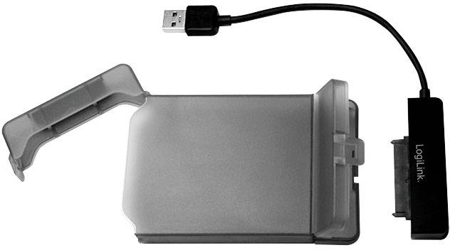 Ein USB-Lesegerät für Festplatten, bestehend aus einer transparenten Halterung und einem schwarzen Adapter mit USB-Stecker.