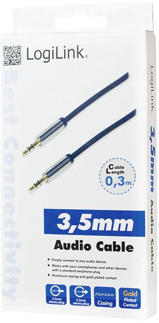 3,5-mm-Audiokabel von LogiLink, Länge 0,3 m. Aluminiumgehäuse und vergoldete Kontakte, geeignet für Audiogeräte. Verpackungsansicht.
