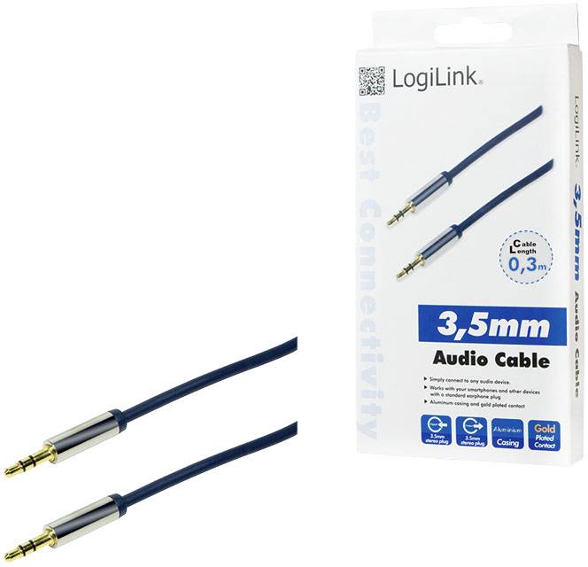 Audiokabel von LogiLink, 3,5 mm, 0,3 m, mit vergoldeten Anschlüssen und blauer Ummantelung. Verpackung zeigt Kabelbild.