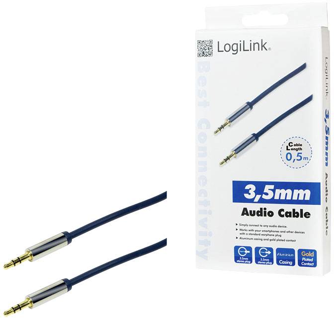 'LogiLink 3,5mm Audiokabel': Blaues Audiokabel, 0,5 m, mit vergoldeten Steckern. Verpackung zeigt Kabelbild und Details.