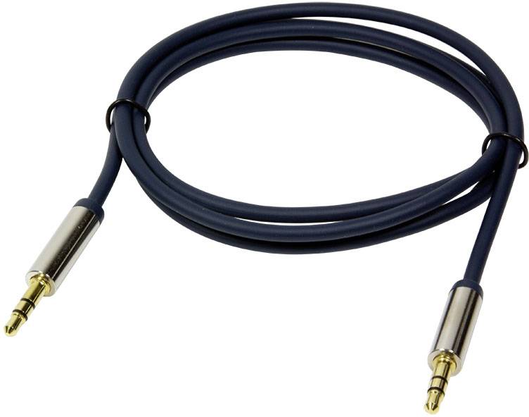 Ein schwarzes Audiokabel mit zwei vergoldeten 3,5-mm-Steckern, geeignet für den Anschluss von Audiogeräten.