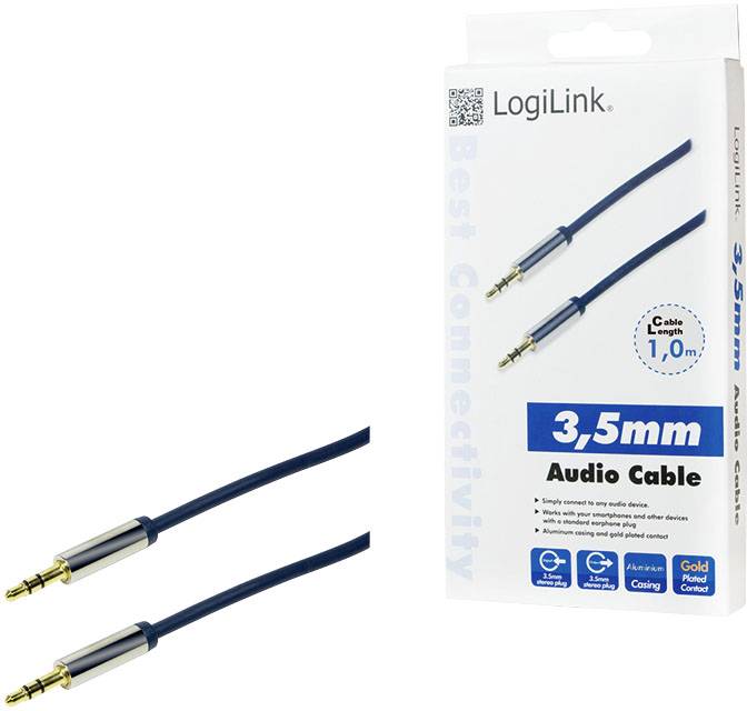 3,5 mm Audiokabel von LogiLink mit vergoldeten Kontakten und blauer Ummantelung, 1 Meter lang, auf der Verpackung abgebildet.
