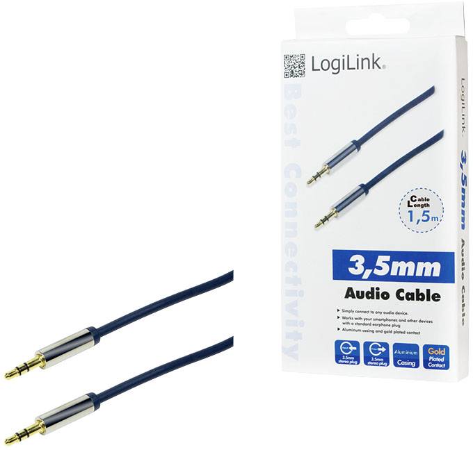Kabelbild: 3,5-mm-Audiokabel von LogiLink, 1,5 m Länge, mit goldbeschichteten Anschlüssen, geeignet für mobile Geräte. Verpackung zeigt Kabel und Logos.