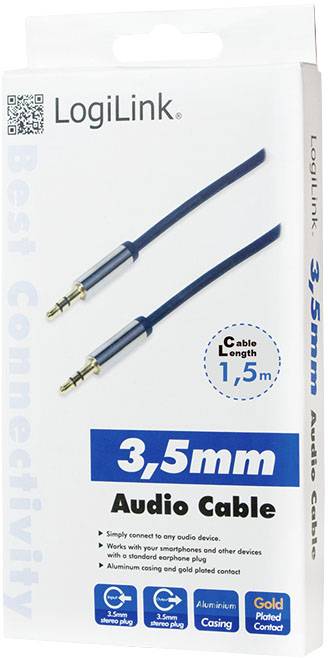 Eine Verpackung eines 3,5 mm Audiokabels von LogiLink, 1,5 m Länge, mit Aluminiumgehäuse und vergoldeten Kontakten, kompatibel mit mobilen Geräten.