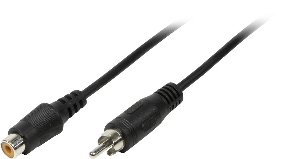 Ein schwarzes RCA-Kabel mit einem männlichen und einem weiblichen Stecker; häufige Verbindung für Audio- und Videogeräte.