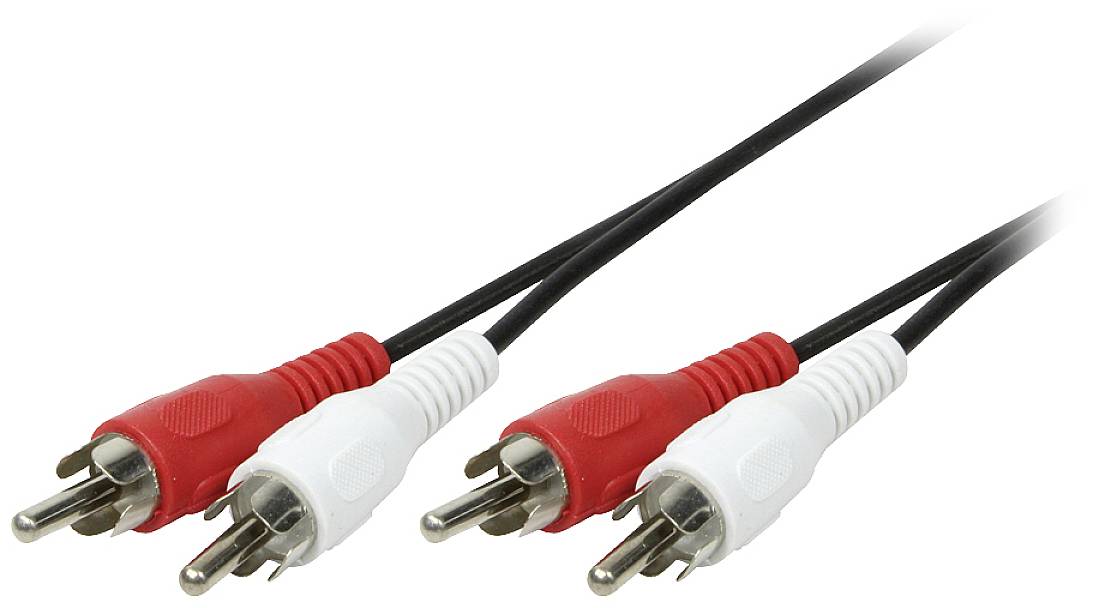 Zwei Paar Cinch-Kabel, jeweils ein roter und ein weißer Stecker. Sie dienen zur Übertragung von Audio-Signalen.