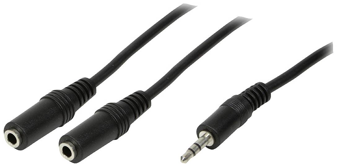 Zwei schwarze Audiokabel: links zwei Buchsenanschlüsse, rechts ein Stecker. Tonübertragung zwischen Geräten ermöglichen.