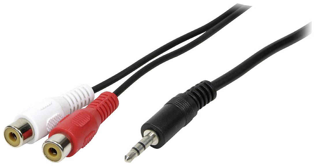 Ein Audiokabel mit einem schwarzen 3,5-mm-Stecker auf der einen Seite und zwei Cinch-Steckern (rot und weiß) auf der anderen Seite.