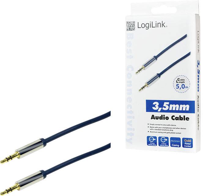 Verpackung eines 3,5 mm Audiokabels von LogiLink, 5 Meter lang, mit goldbeschichteten Steckern und geeignet für Audioübertragung.