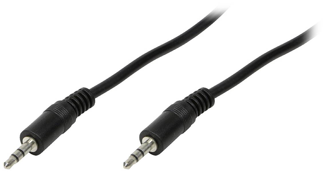 Schwarzes Audiokabel mit zwei 3,5-mm-Klinkensteckern an den Enden, geeignet zum Verbinden von Audio-Geräten.