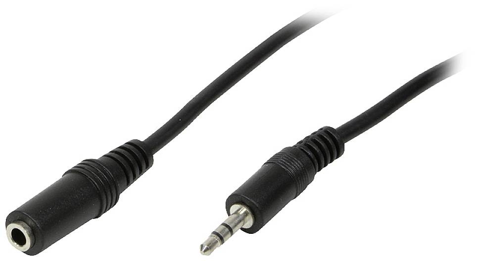 Ein schwarzes Audiokabel mit einem 3,5-mm-Klinkenstecker auf der einen und einer Buchse auf der anderen Seite, auf weißem Hintergrund.