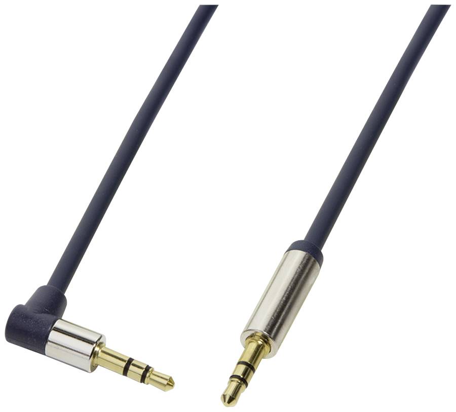 Zwei Audiokabelstecker: links ein rechtwinkliger 3,5-mm-Stecker, rechts ein gerader 3,5-mm-Stecker, beide mit schwarzem Kabel.