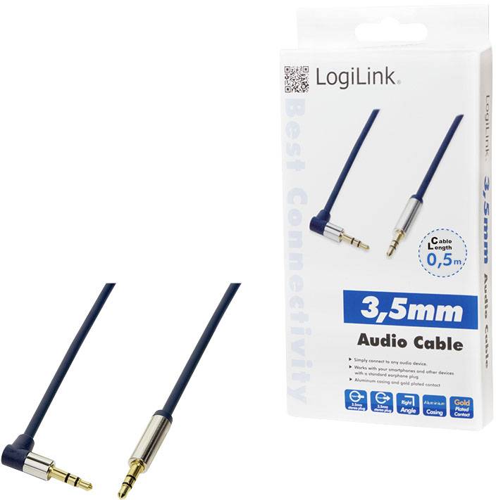 3,5 mm Audiokabel von LogiLink mit 0,5 m Länge, goldbeschichteten Anschlüssen für besseren Klang. Verpackung zeigt Markenlogo und Kabel.