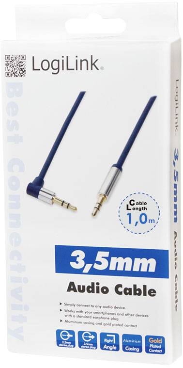 Verpackung eines 3,5 mm Audiokabels der Marke LogiLink. Länge: 1,0 m. Text wirbt mit 'Beste Verbindung' und 'vergoldeten Kontakten'.