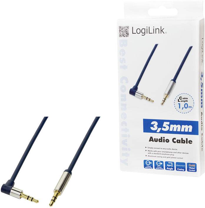 Audiokabel mit 3,5 mm Stecker, LogiLink Verpackung zeigt Kabel in verschiedenen Positionen, Länge 1,0 m.