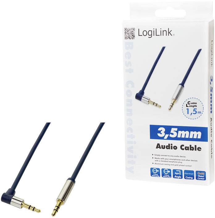 3,5mm-Audiokabel von LogiLink, 1,5m Länge, Winkelstecker und gerader Stecker; Verpackung zeigt Produktabbildung mit Spezifikationen.