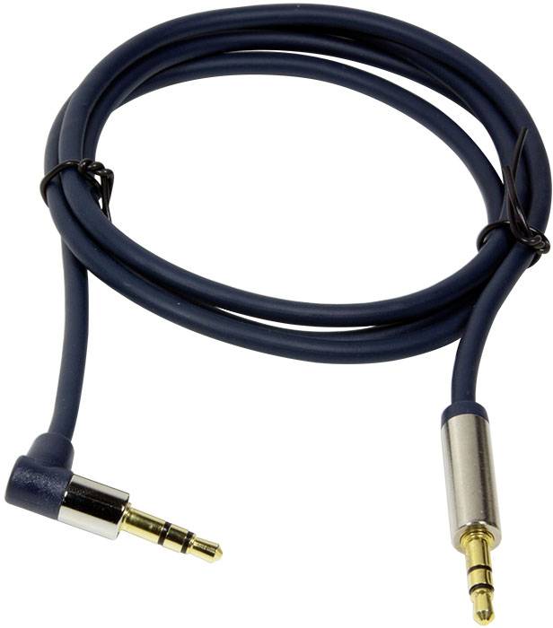 Ein schwarzes Audiokabel mit zwei 3,5-mm-Klinkensteckern, eines gewinkelt. Verwendet zum Anschließen von Audioquellen an Wiedergabegeräte.