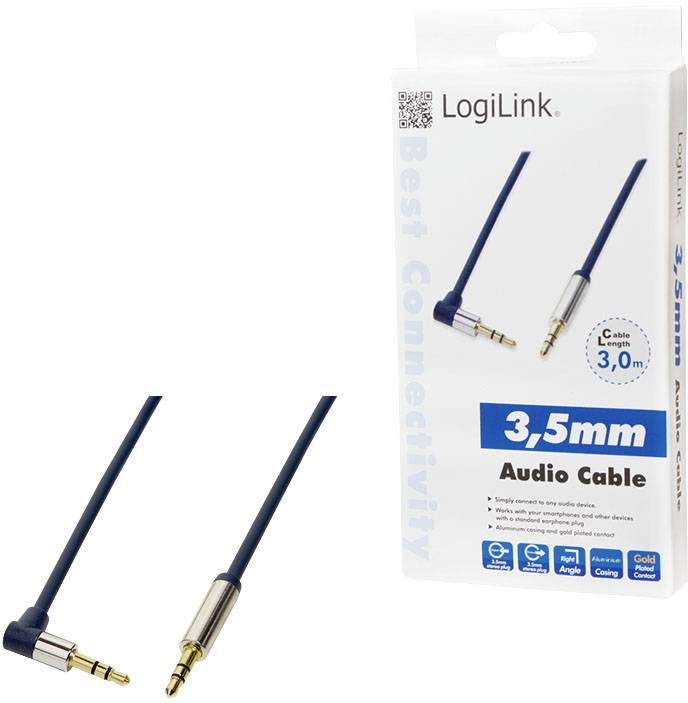 3,5mm Audiokabel mit 3 Metern Länge, abgewinkelter Stecker, geeignet für Audiogeräte. Verpackung zeigt Marke und Spezifikationen.