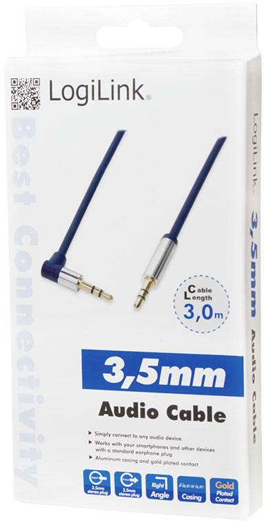 Verpackung eines 3,5-mm-Audiokabels von LogiLink mit einer Länge von 3,0 m. Geeignet für Smartphones und Geräte.
