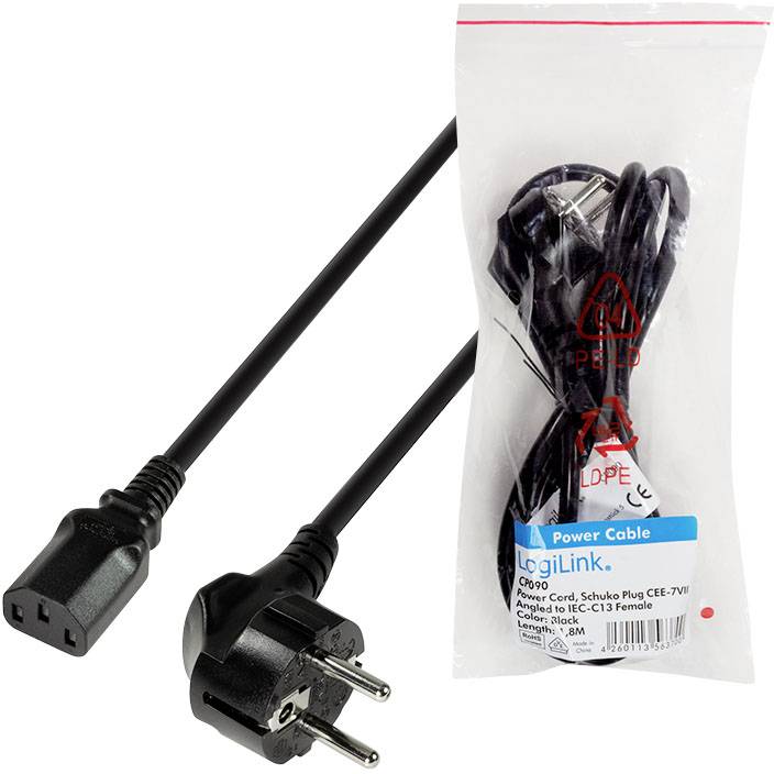 Stromkabel mit Schuko-Stecker und C13-Buchse von LogiLink, 1,8 m Länge, in transparenter Verpackung.