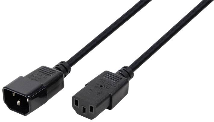 Ein schwarzes Netzkabel mit einem männlichen C13-Stecker links und einem weiblichen C14-Stecker rechts, auf weißem Hintergrund.