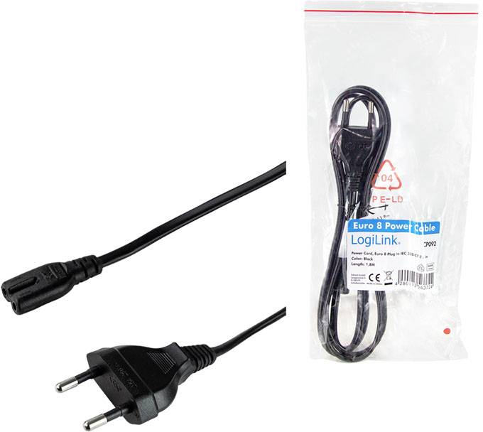 Ein Euro 8 Stromkabel von LogiLink, verpackt in einer Plastikverpackung. Das Kabel hat einen Eurostecker und eine zweipolige Buchse.