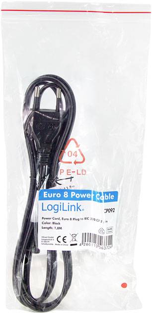 Ein schwarzes Euro-8-Stromkabel in einer transparenten Verpackung von LogiLink. Kabellänge: 1,8 m. Geeignet für Elektrogeräte.