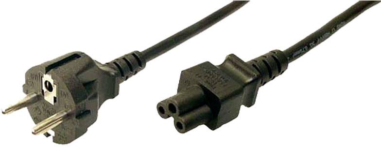 Ein Netzkabel mit einem Eurostecker und einem dreipoligen C5-Buchsenstecker, meist für Laptops und ähnliche Geräte verwendet.