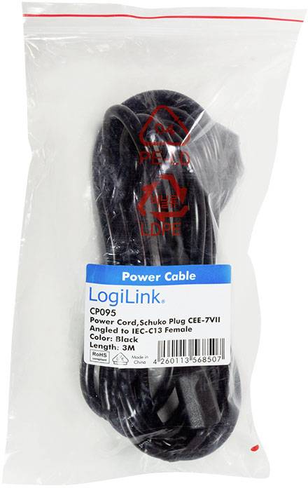 Schwarzes Netzkabel der Marke LogiLink, Länge 3 m, verpackt in einer durchsichtigen Plastiktüte mit Etikett für Produktspezifikationen.