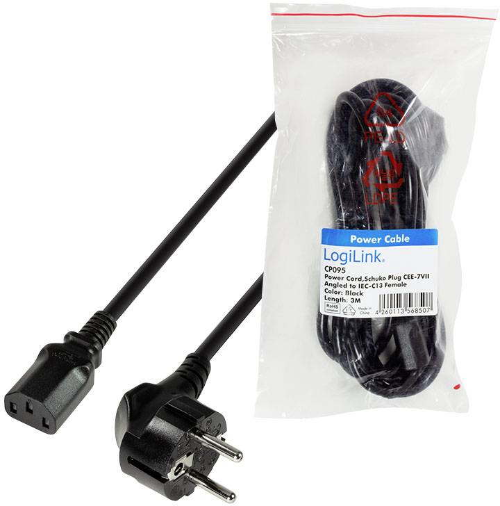 LogiLink Strom Anschlusskabel [1x Schutzkontakt-Winkelstecker - 1x Kaltgeräte-Stecker C13] 3.00m Schwarz