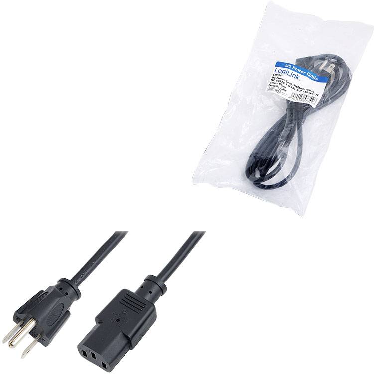 Ein Netzkabel mit zwei Steckverbindern, in einer transparenten Verpackung mit LogiLink-Label.