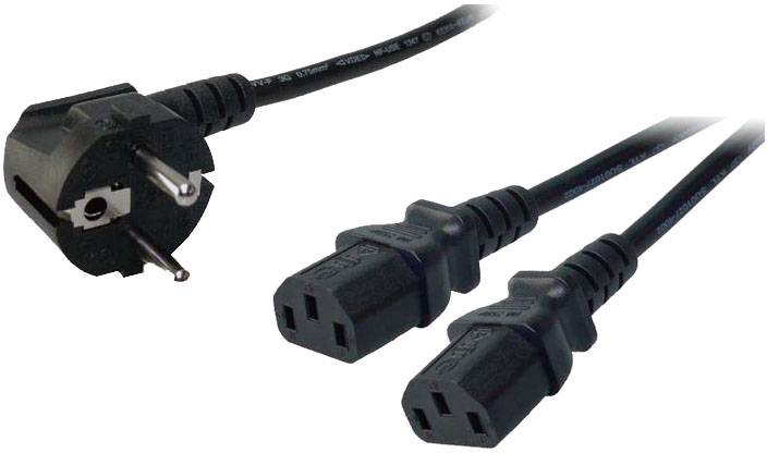 Zwei schwarze Netzkabel mit europäischen Stecker und zwei IEC-Buchsen, geeignet für elektronische Geräte, auf weißem Hintergrund.