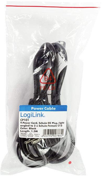 Plastikverpackung mit einem schwarzen Netzkabel der Marke LogiLink, Modell CP101. Länge: 1,5 m. Verpackung zeigt Recycling-Symbol.