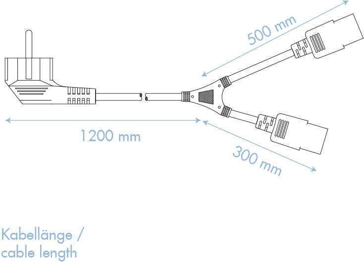 Illustration eines Kabels mit drei Anschlüssen. Hauptkabel 1200 mm, gesplittete Kabel jeweils 300 mm und 500 mm lang.