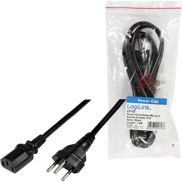 LogiLink Strom Anschlusskabel [1x Schweiz-Stecker - 1x Kaltgeräte-Stecker C13] 1.80 m Schwarz