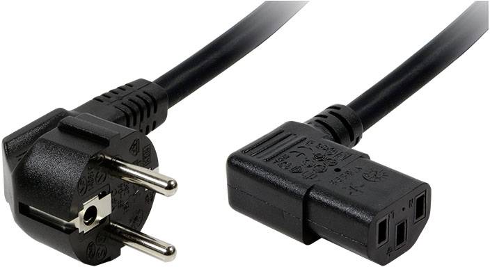 Schwarzes Stromkabel mit Schuko-Stecker links und Kaltgerätestecker rechts, geeignet für Computer und elektronische Geräte.