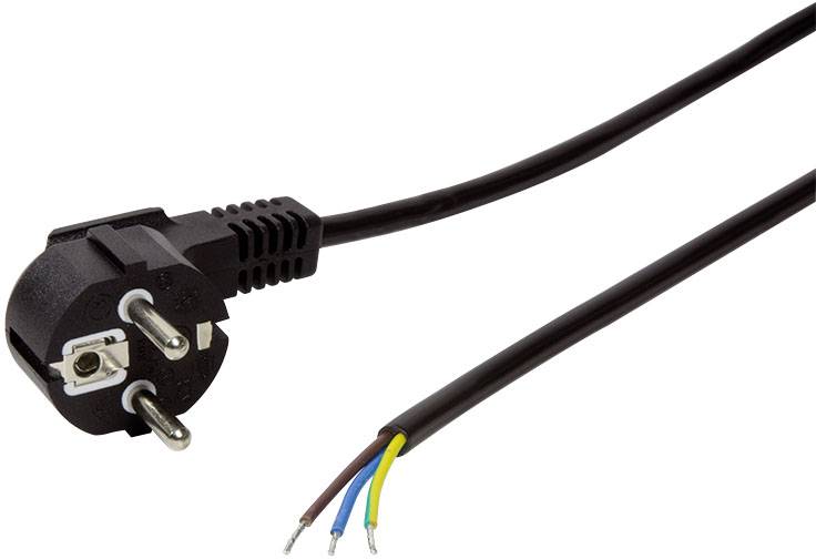 Ein schwarzes Netzkabel mit einem Schuko-Stecker zeigt seine drei farbigen Adern: blau, gelb-grün und braun.