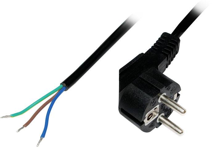 Ein dreipoliges Netzkabel mit einem Eurostecker. Die Kabeladern sind in den Farben grün-gelb, blau und braun isoliert.