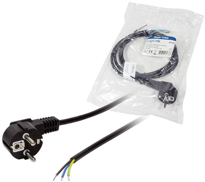 Stromkabel mit Schuko-Stecker, drei abisolierten Leitern, in einer Verpackung mit Etikett 'LogiLink'.