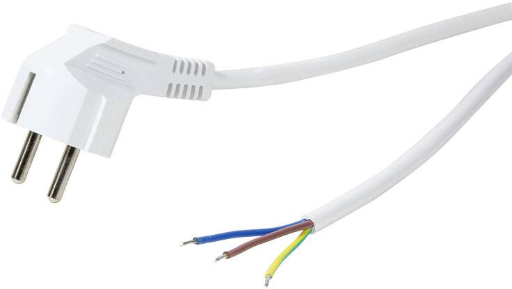 Netzstecker mit offenem Kabelende. Zeigt die drei freiliegenden Adern in Blau, Braun und Gelb-Grün zum Anschluss.