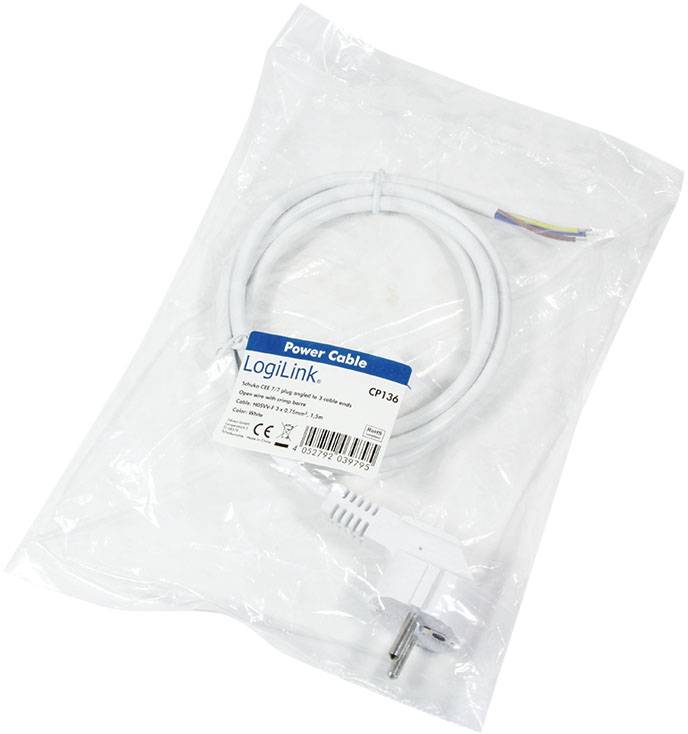 Ein weißes Netzkabel von LogiLink mit abisolierten Enden und einem Stecker, verpackt in einer transparenten Plastiktüte.