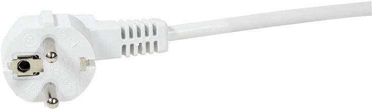 Ein weißer Schukostecker mit zwei Stiften und einem Erdungsstift an einem Kabel.