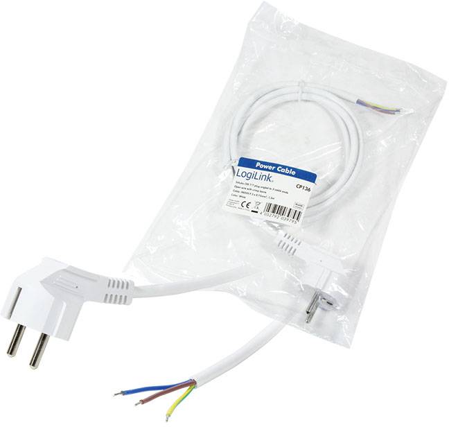 Ein weißes Netzkabel von LogiLink mit offenen Enden, geeignet zum Anschluss an europäische Steckdosen. Verpackung mit Produktdetails.