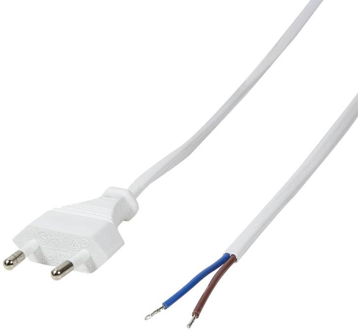 Ein weißes Netzkabel mit einem unmontierten Stecker, bei dem die Enden der Drähte freiliegen. L und N Kabel gekennzeichnet.