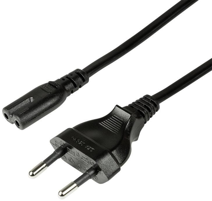Ein europäisches Netzkabel mit einem Schukostecker und einem zweipoligen weiblichen Anschluss, geeignet für Elektrogeräte.