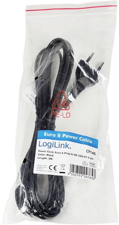 Schwarzes Euro 8 Netzkabel von LogiLink in transparentem Plastikbeutel verpackt. Länge: 3m.