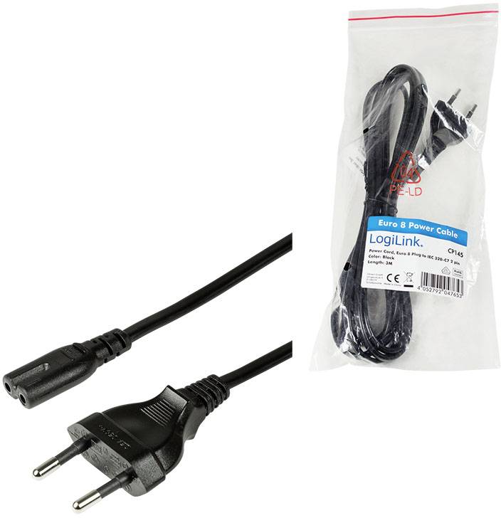 Euro 8 Stromkabel von LogiLink, im Kunststoffbeutel verpackt, mit Eurostecker und Buchse, abgebildet vor weißem Hintergrund.