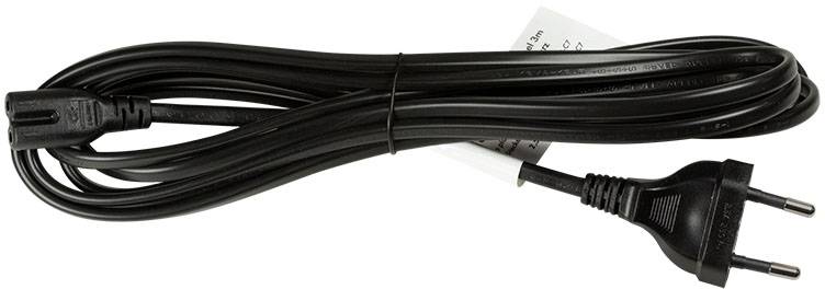 Schwarzes Netzkabel mit zweipoligem Euro-Stecker und Buchse. Kabel ist gebündelt und in einer neutralen Umgebung fotografiert.