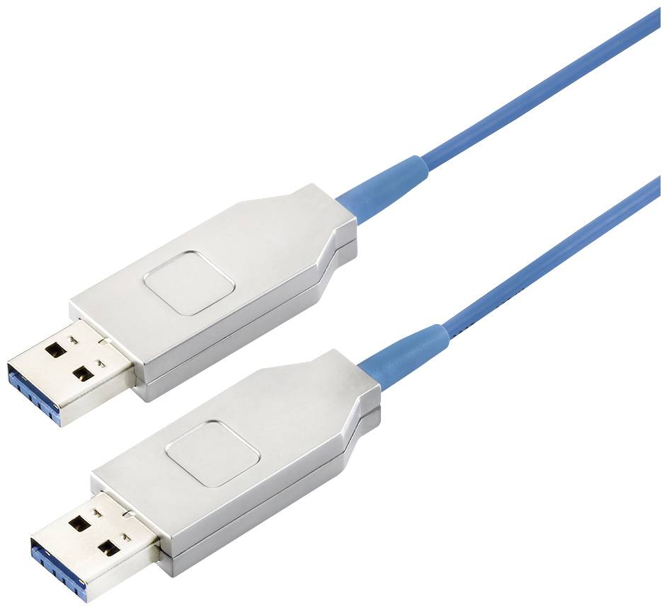 Zwei blaue USB-Kabel mit rechteckigen silbernen Steckverbindern, die für schnelle Datenübertragung ausgelegt sind.