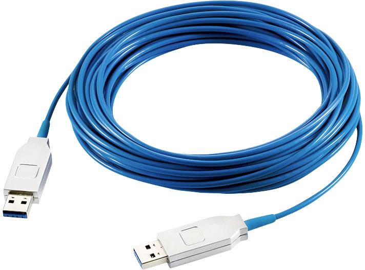 Ein langes, blaues USB-Kabel mit Anschlüssen an beiden Enden, geeignet für Datenübertragung und Aufladen von Geräten.
